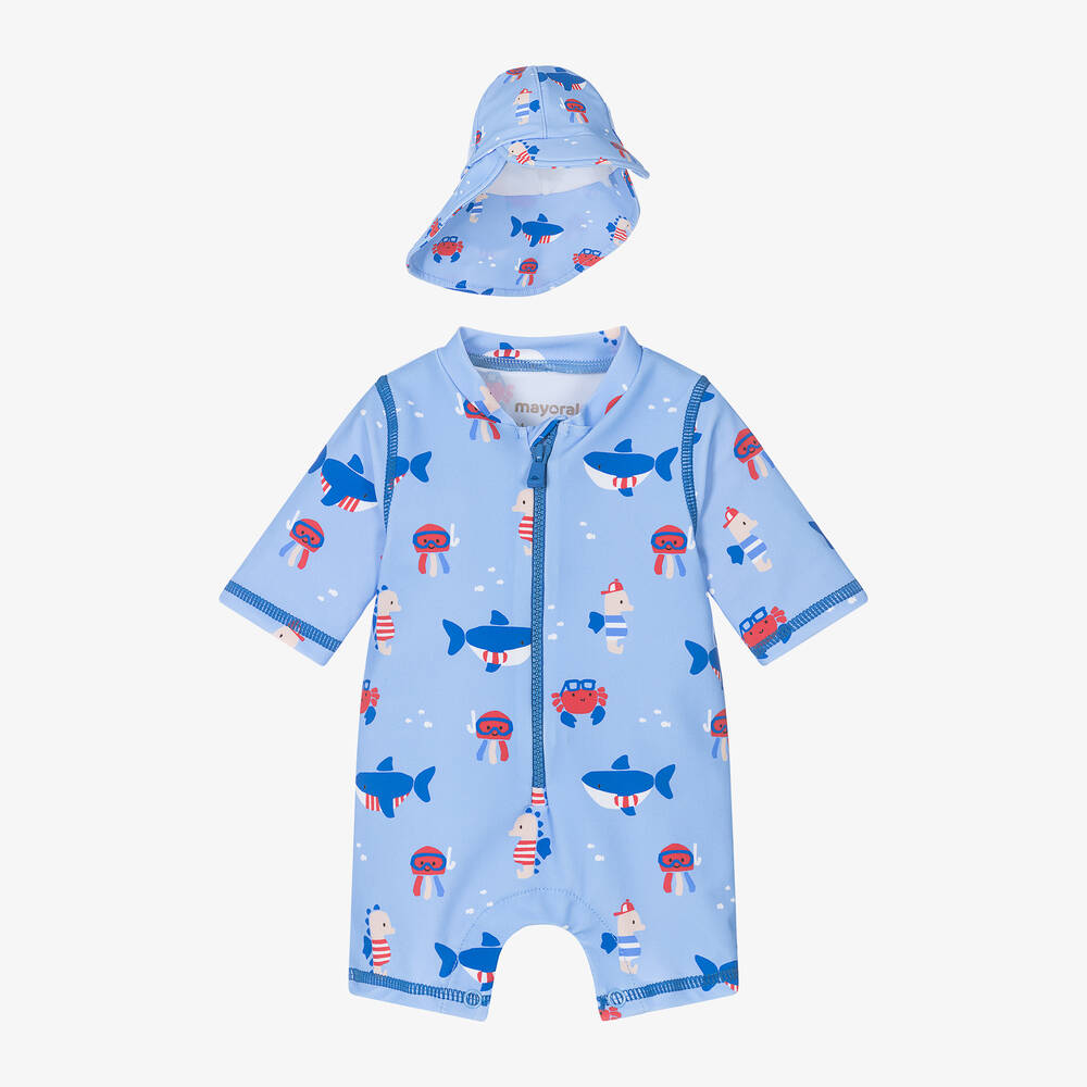 Mayoral Newborn - طقم بدلة وقبعة واقى من الشمس أطفال ولادي  لون أزرق فاتح (UPF40+) | Childrensalon