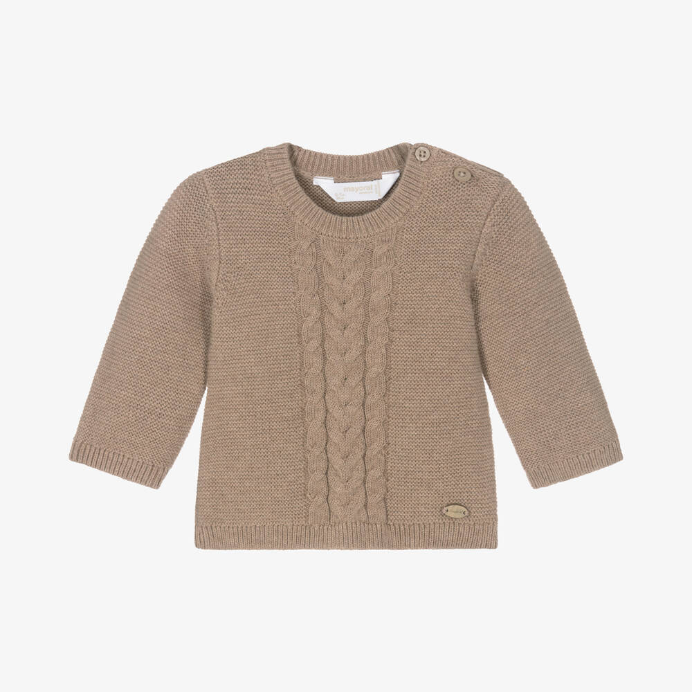 Mayoral Newborn - Beige Cotton Cable Knit Baby Jumper | Childrensalon