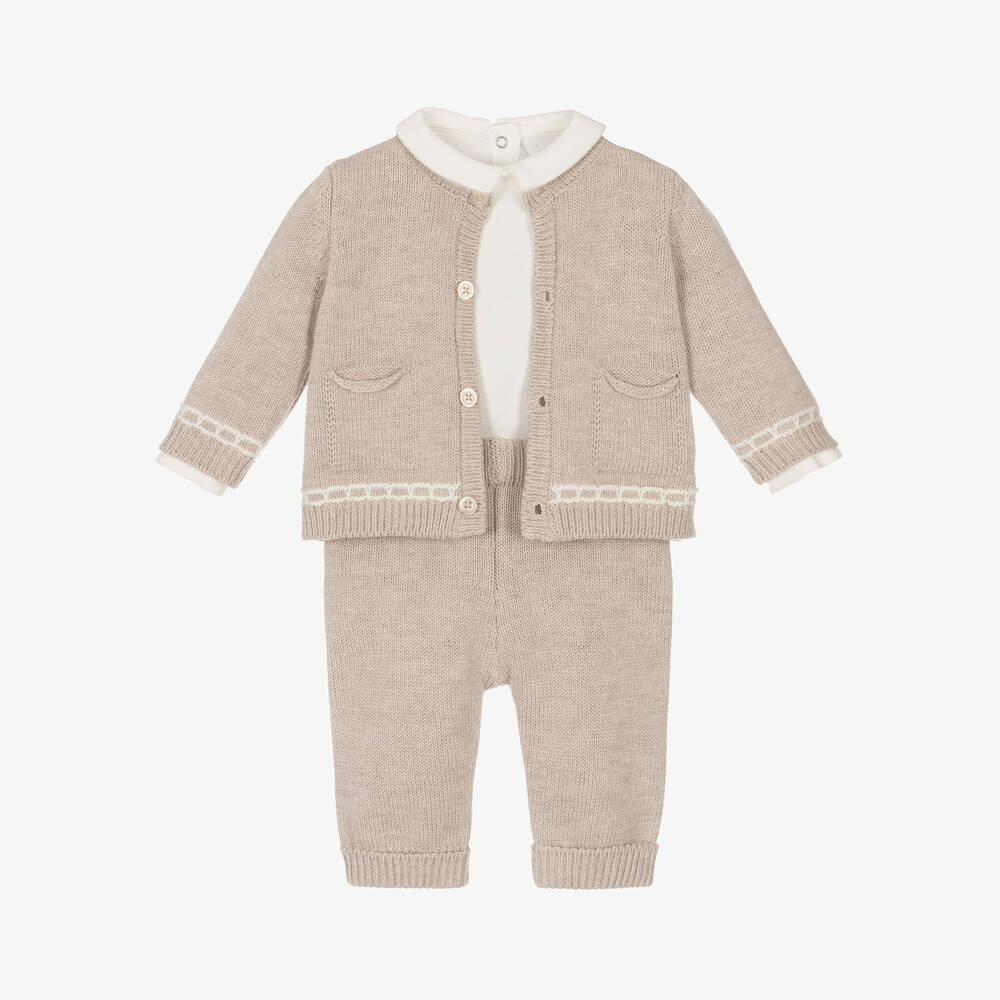 Mayoral Newborn - Beige Cotton & Wool Knit Baby Trouser Set | Childrensalon