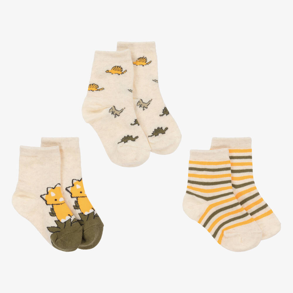 Mayoral - Beige Dinosaur Baby Socks (3 Pack) | Childrensalon