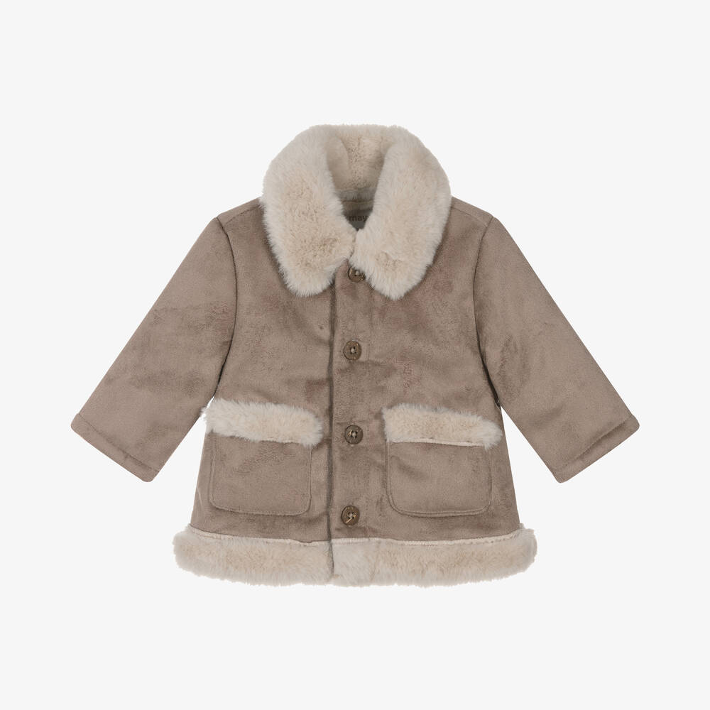 Mayoral Newborn - Beige Faux Suede Baby Coat | Childrensalon