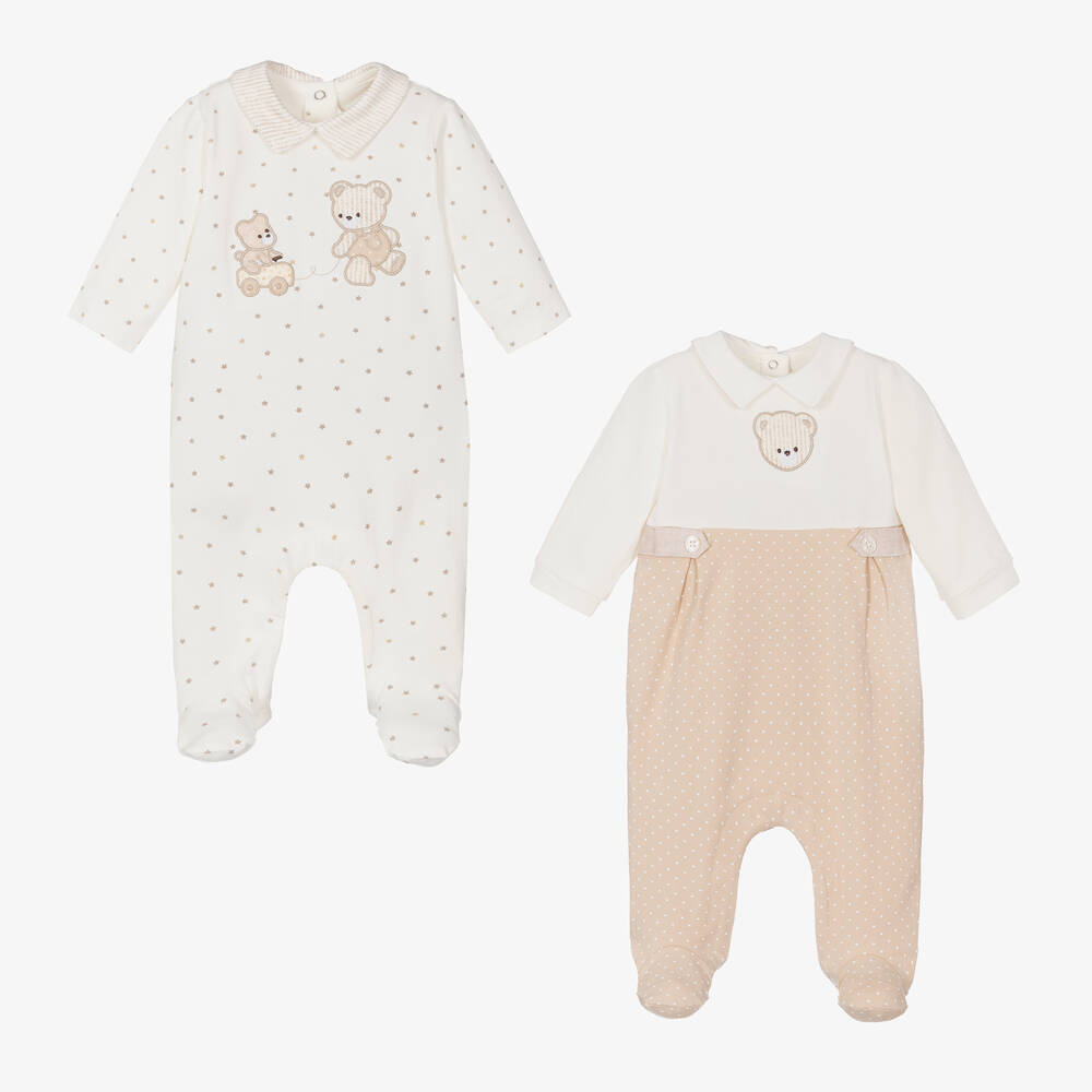 Mayoral Newborn - Beige & Ivory Bear Babygrows (2 Pack) | Childrensalon