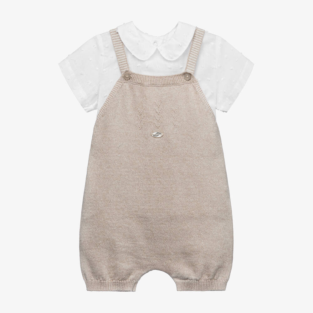 Mayoral Newborn - Beige Knitted Baby Dungaree Set | Childrensalon