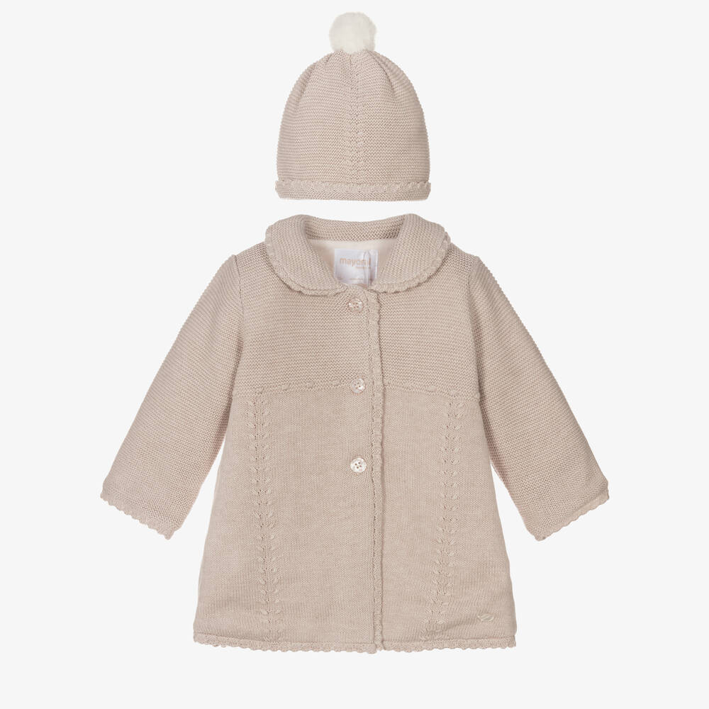 Mayoral Newborn - Beige Knitted Cotton Pram Coat & Hat Set | Childrensalon