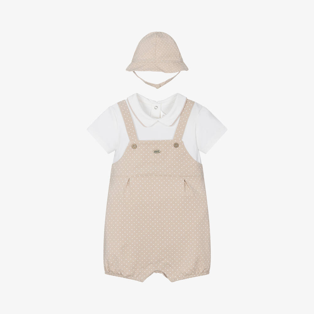 Mayoral Newborn - Beige Star Print Cotton Babysuit Set | Childrensalon