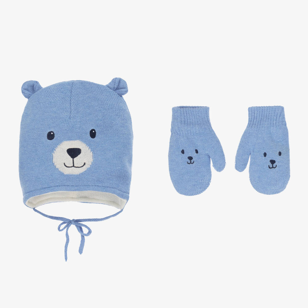 Mayoral - Blue Cotton Bear Hat & Mittens Set | Childrensalon