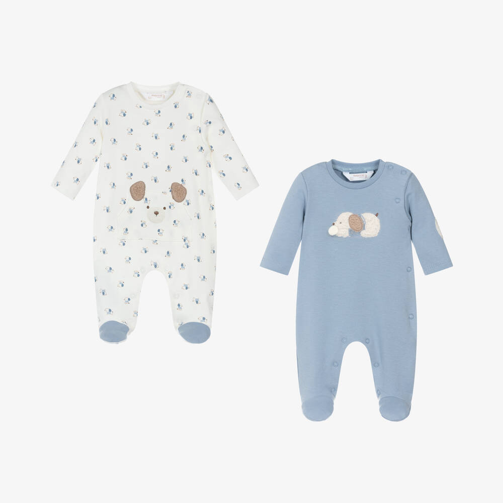 Mayoral Newborn - Blue & Ivory Cotton Babygrow (2 Pack) | Childrensalon