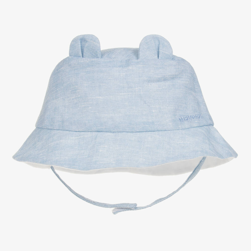 Mayoral Newborn - قبعة للشمس بوجهين قطن وكتان لون أزرق للأطفال | Childrensalon