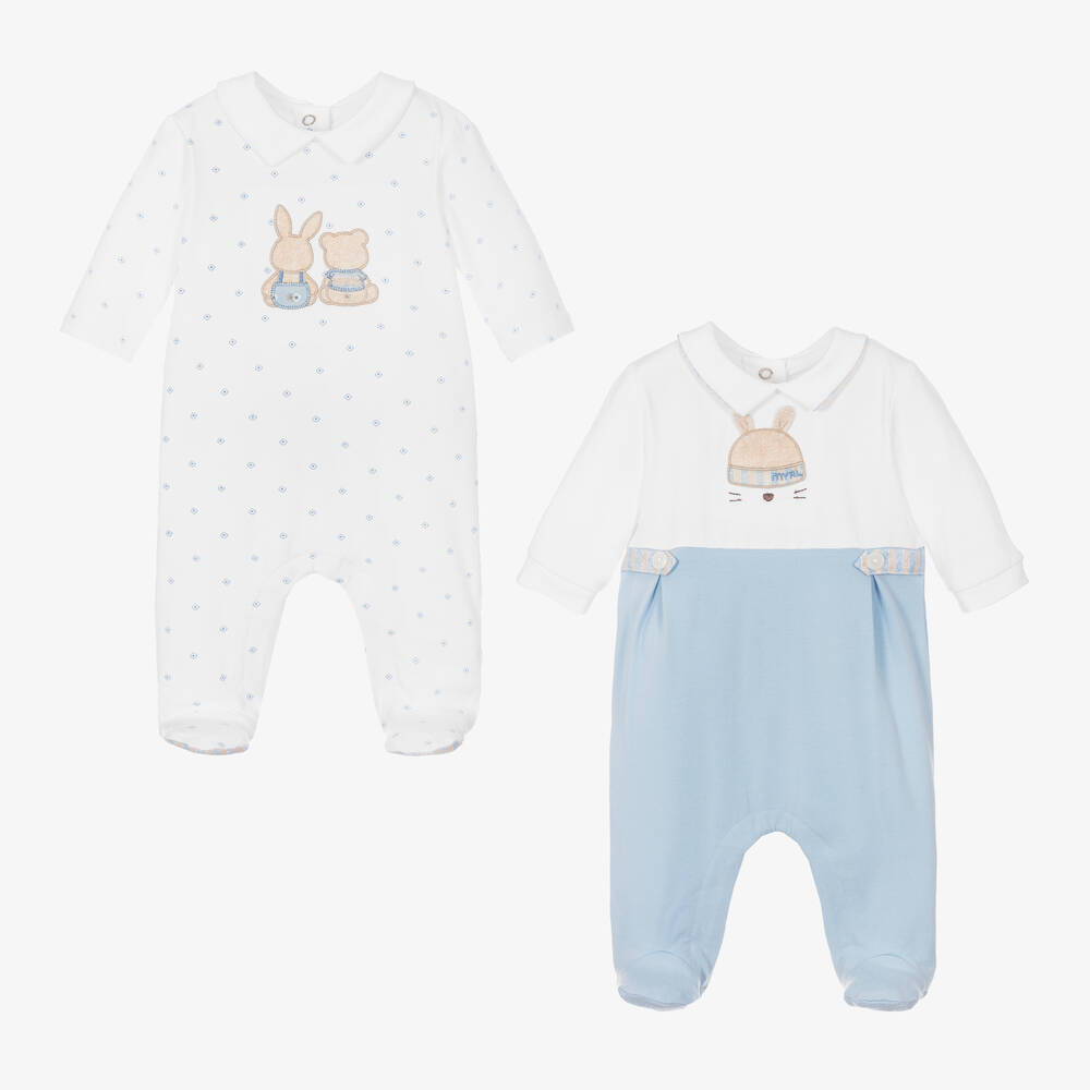 Mayoral Newborn - Blue & White Bunny Babygrows (2 Pack) | Childrensalon