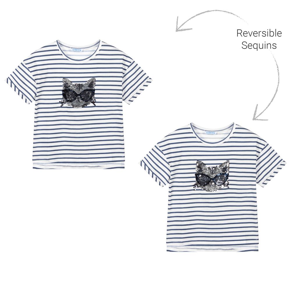 Mayoral Kids' Girls Blue & White Sequin T-shirt In Gray