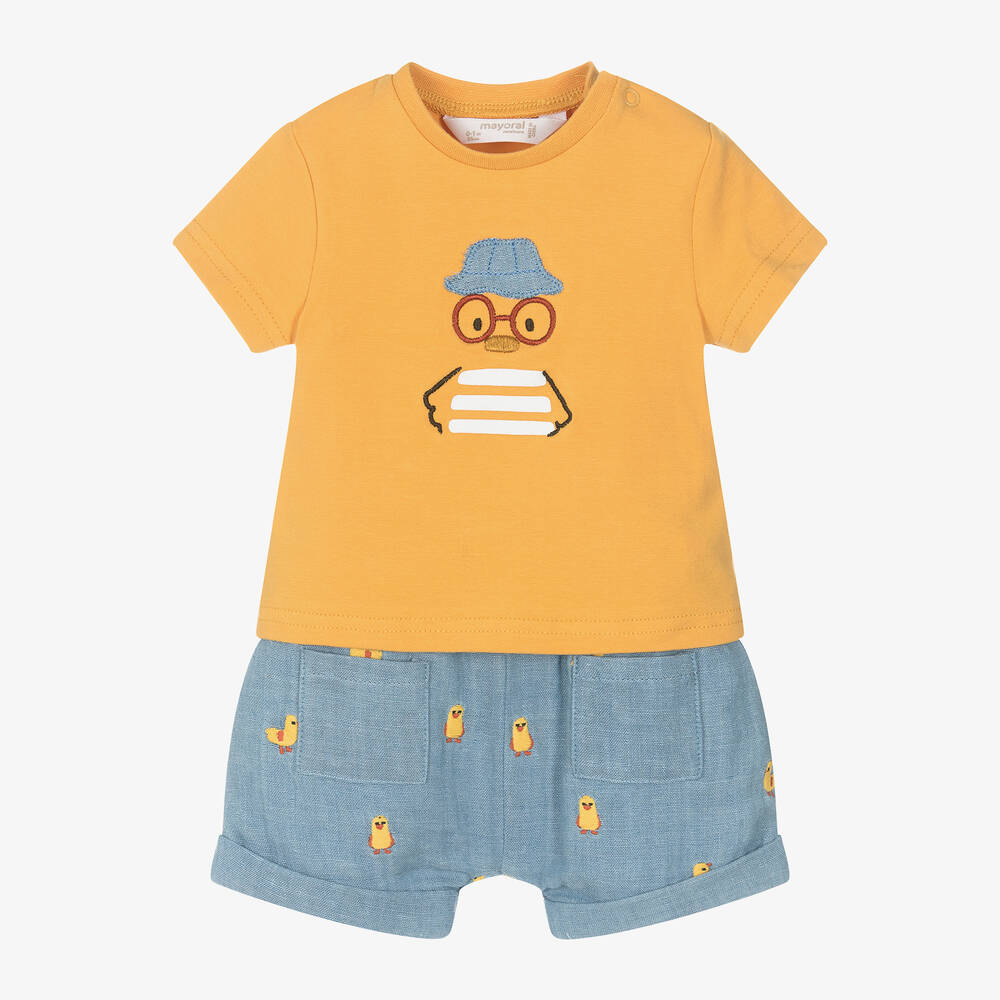Mayoral Newborn - Желтая футболка и голубые шорты из хлопка для малышей | Childrensalon