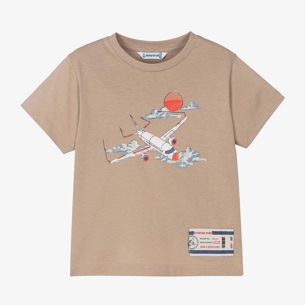 Mayoral - Boys Beige Cotton Aeroplane T-Shirt | Childrensalon