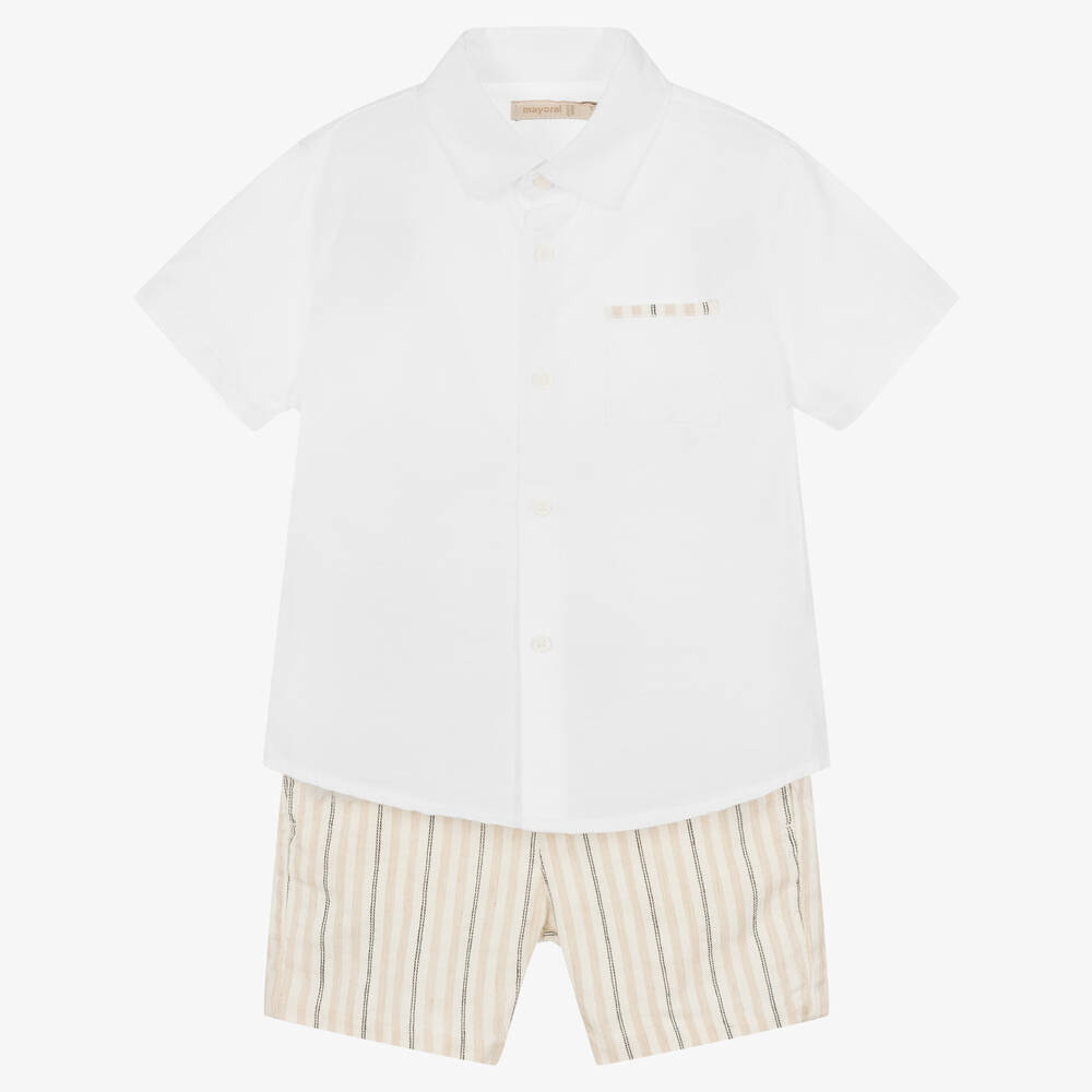 Mayoral - Белая рубашка и бежевые шорты из хлопка и льна  | Childrensalon