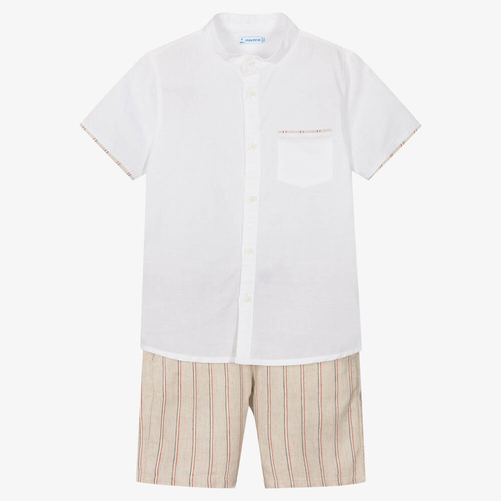 Mayoral - Белая рубашка и бежевые шорты из хлопка и льна | Childrensalon