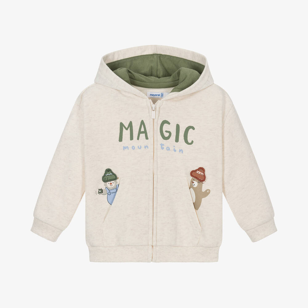 Mayoral - Boys Beige Marl Zip-Up Hooded Top | Childrensalon