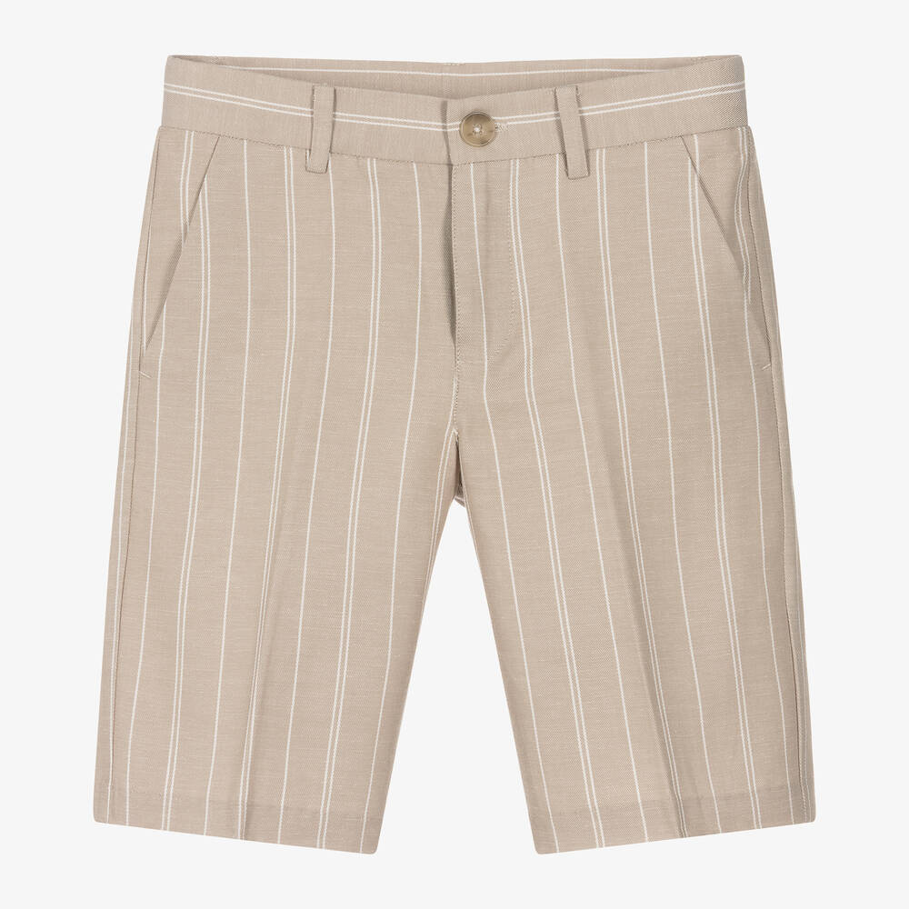 Mayoral Nukutavake - Boys Beige Striped Cotton & Linen Shorts | Childrensalon