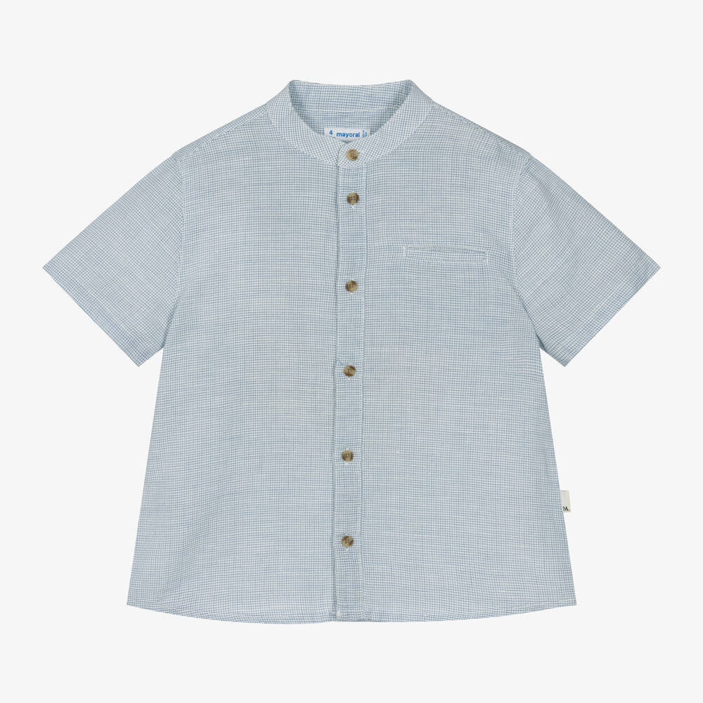 Mayoral - Boys Blue Checked Cotton & Linen Shirt | Childrensalon