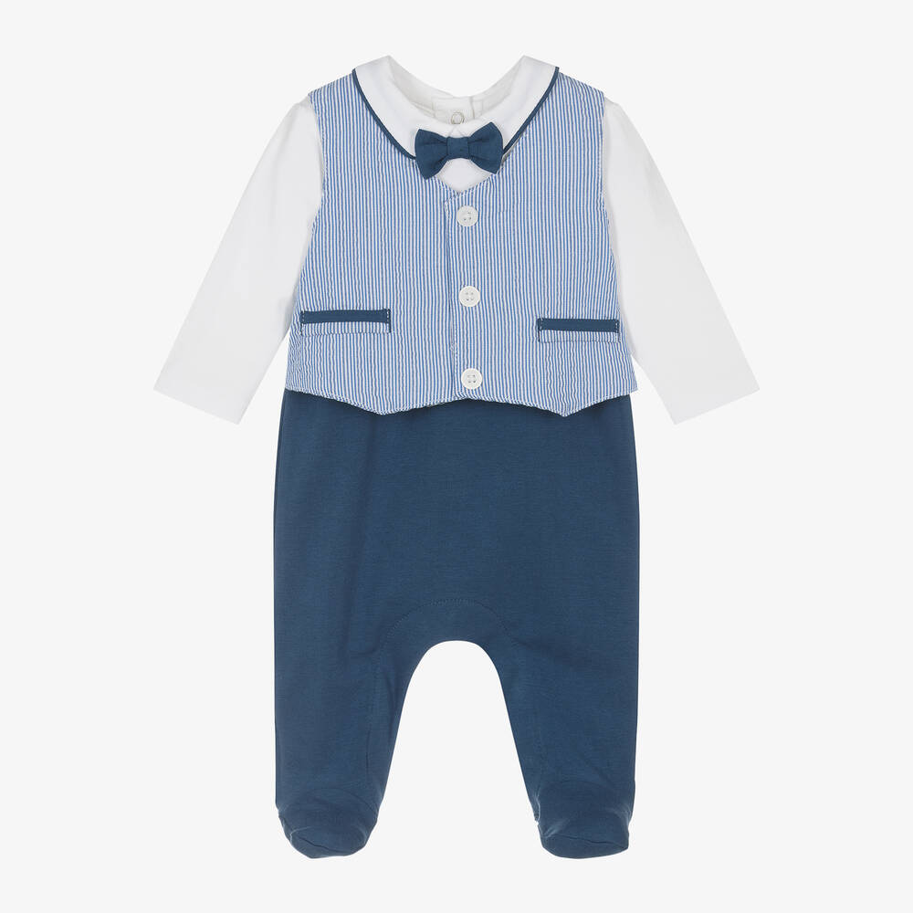 Mayoral - Boys Blue Cotton Bow Tie Babygrow  | Childrensalon