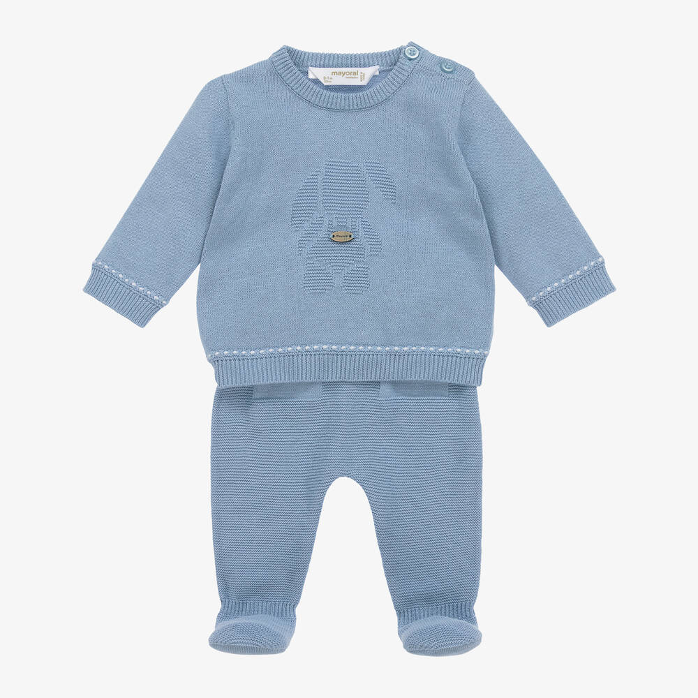 Mayoral Newborn - Boys Blue Cotton Knit 2 Piece Babygrow | Childrensalon