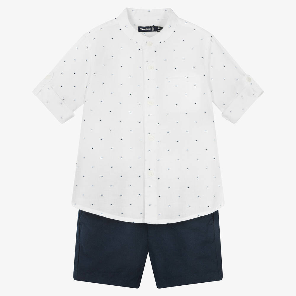 Mayoral - Белая рубашка и синие шорты из хлопка и льна | Childrensalon