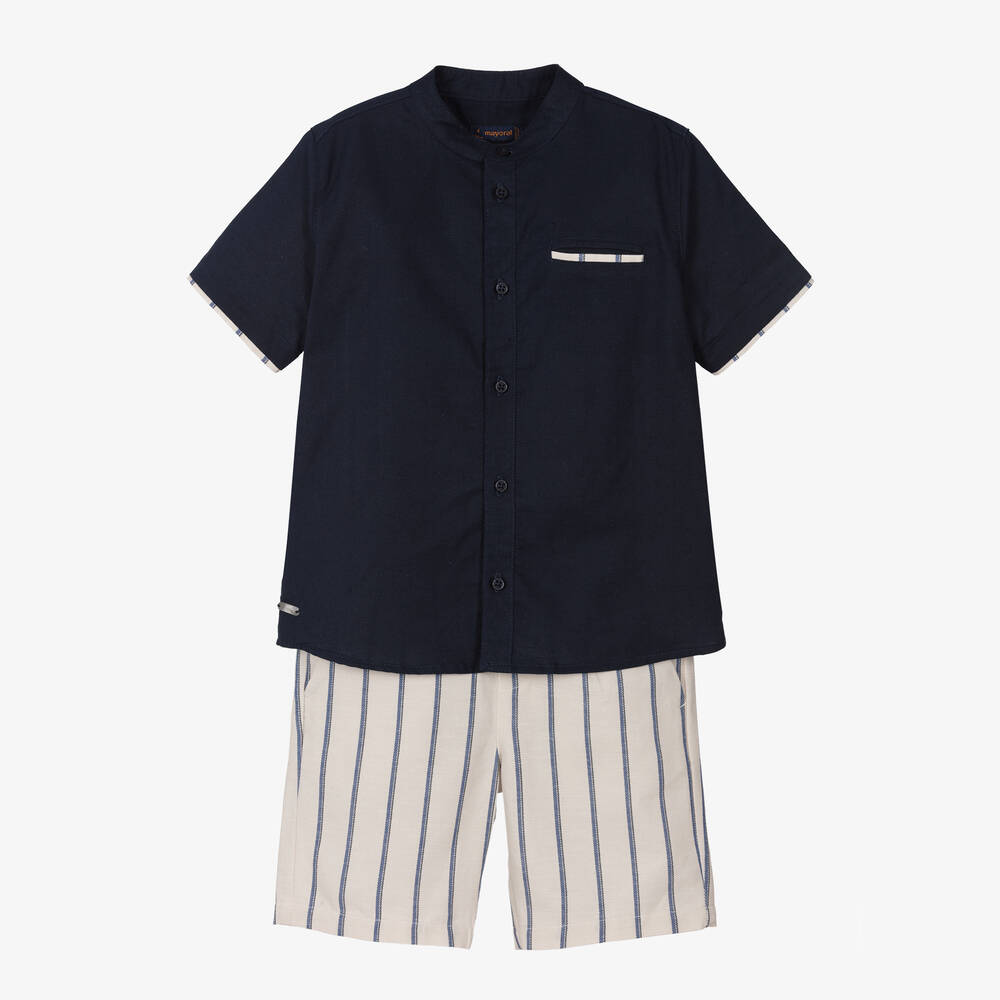 Mayoral - Boys Blue Cotton & Linen Stripe Shorts Set | Childrensalon