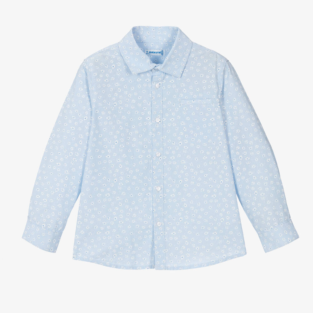 Mayoral - قميص قطن بوبلين لون أزرق بطبعة ورود للأولاد | Childrensalon
