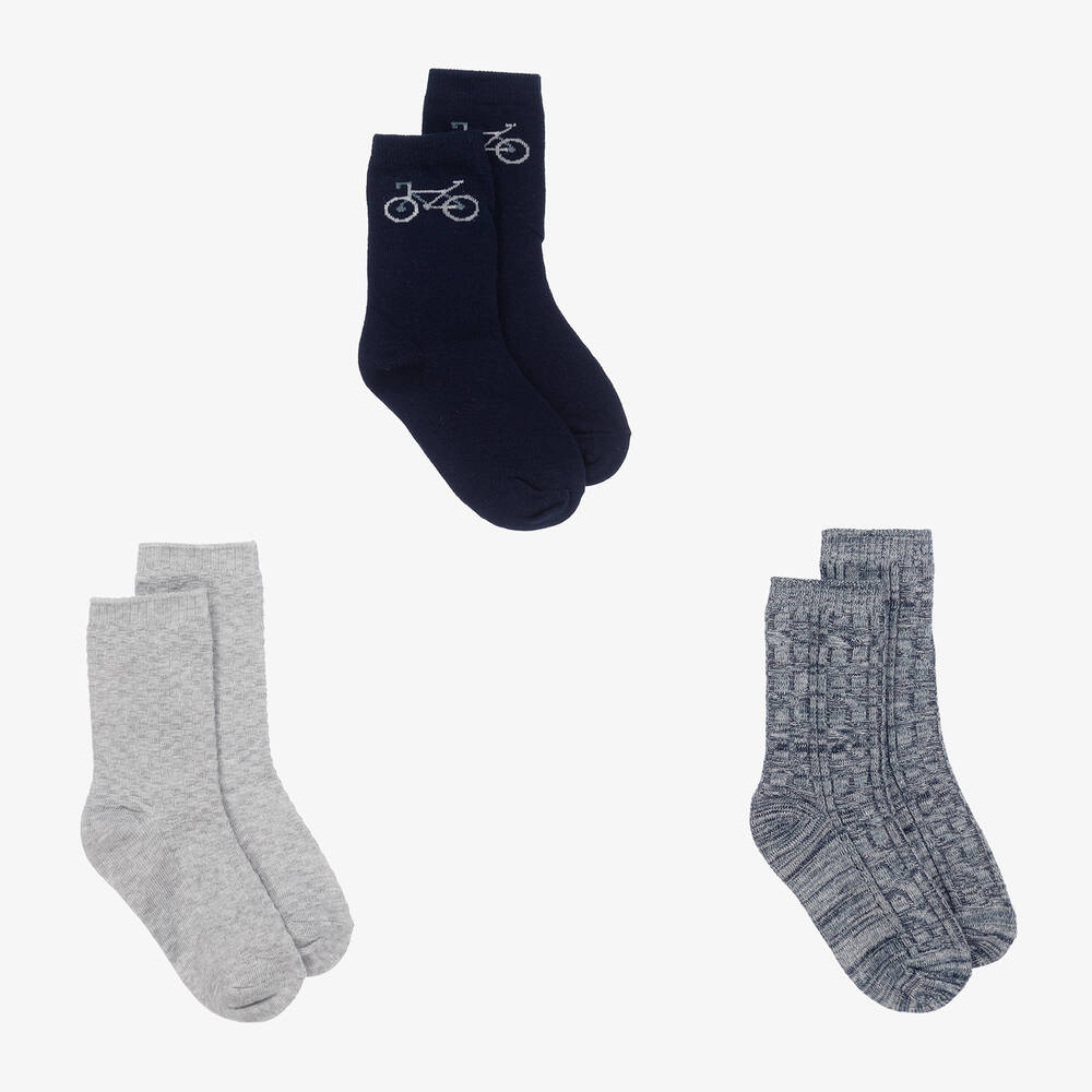 Mayoral - Boys Blue & Grey Cotton Socks (3 Pack) | Childrensalon