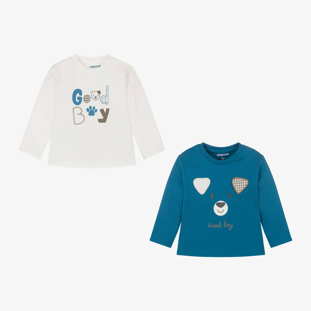 Mayoral - Boys Blue & Ivory Cotton Tops (2 Pack) | Childrensalon