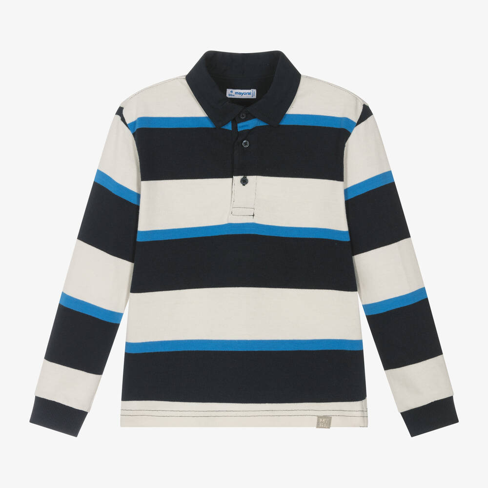 Mayoral - Boys Blue Striped Cotton Polo Shirt | Childrensalon