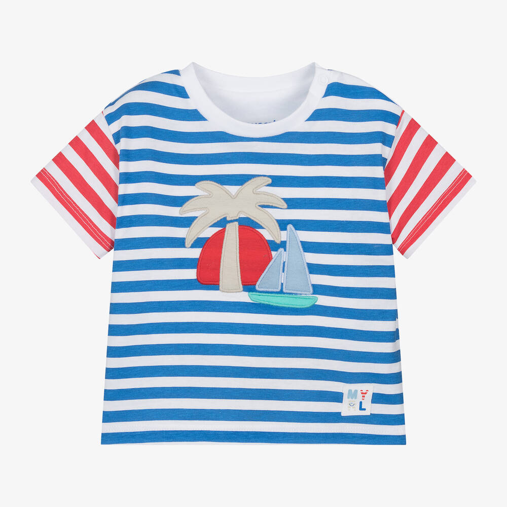 Mayoral - Boys Blue Striped Cotton T-Shirt | Childrensalon