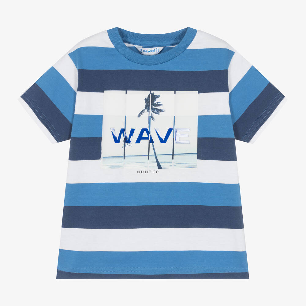 Mayoral - Boys Blue Striped Cotton Wave T-Shirt | Childrensalon