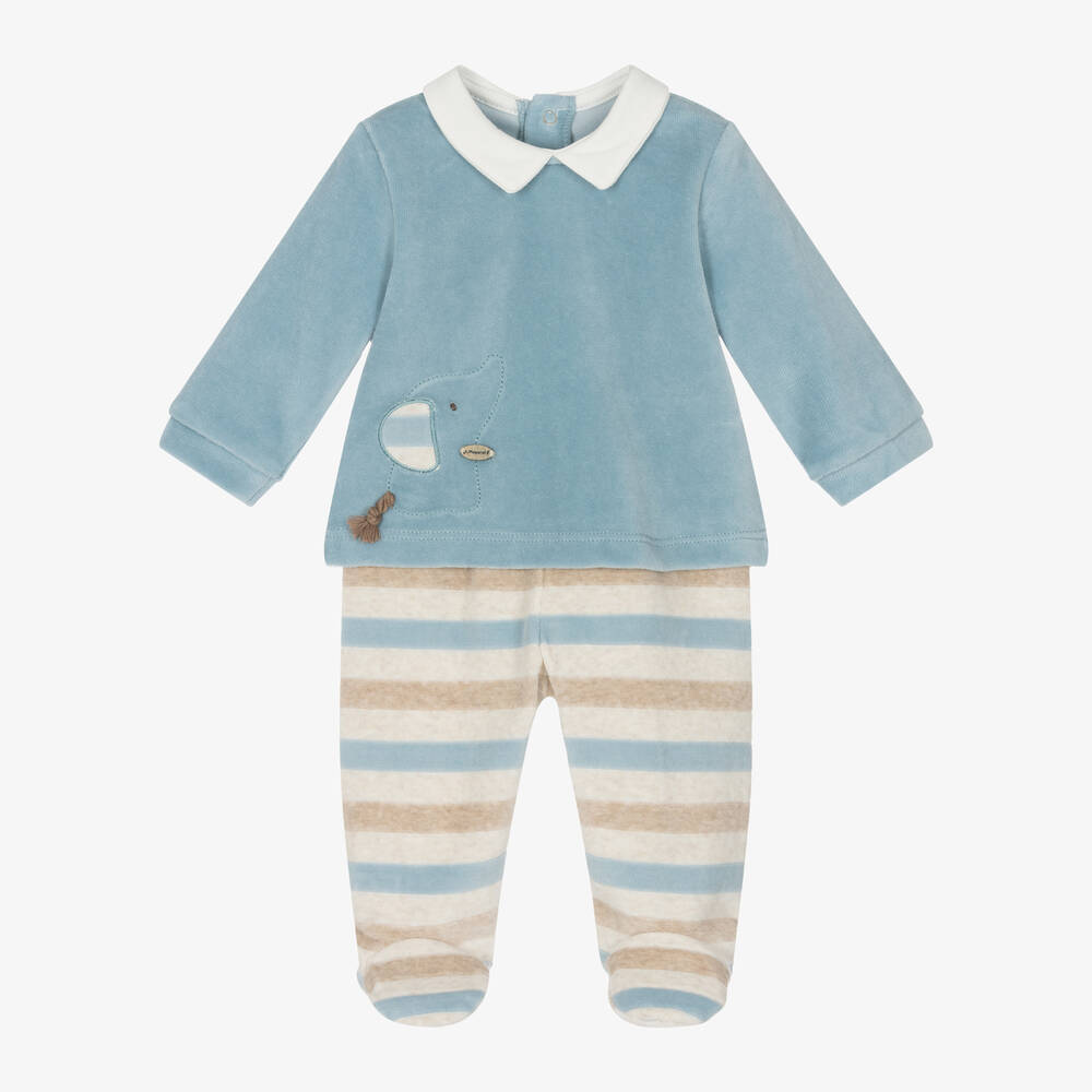 Mayoral Newborn - Boys Blue Velour 2 Piece Babygrow | Childrensalon