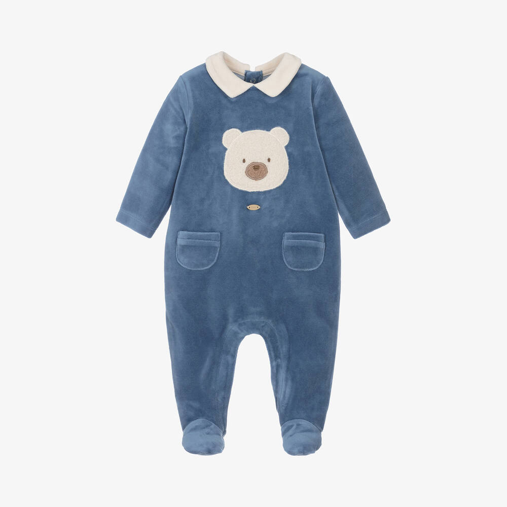 Mayoral Newborn - Boys Blue Velour Bear Babygrow | Childrensalon