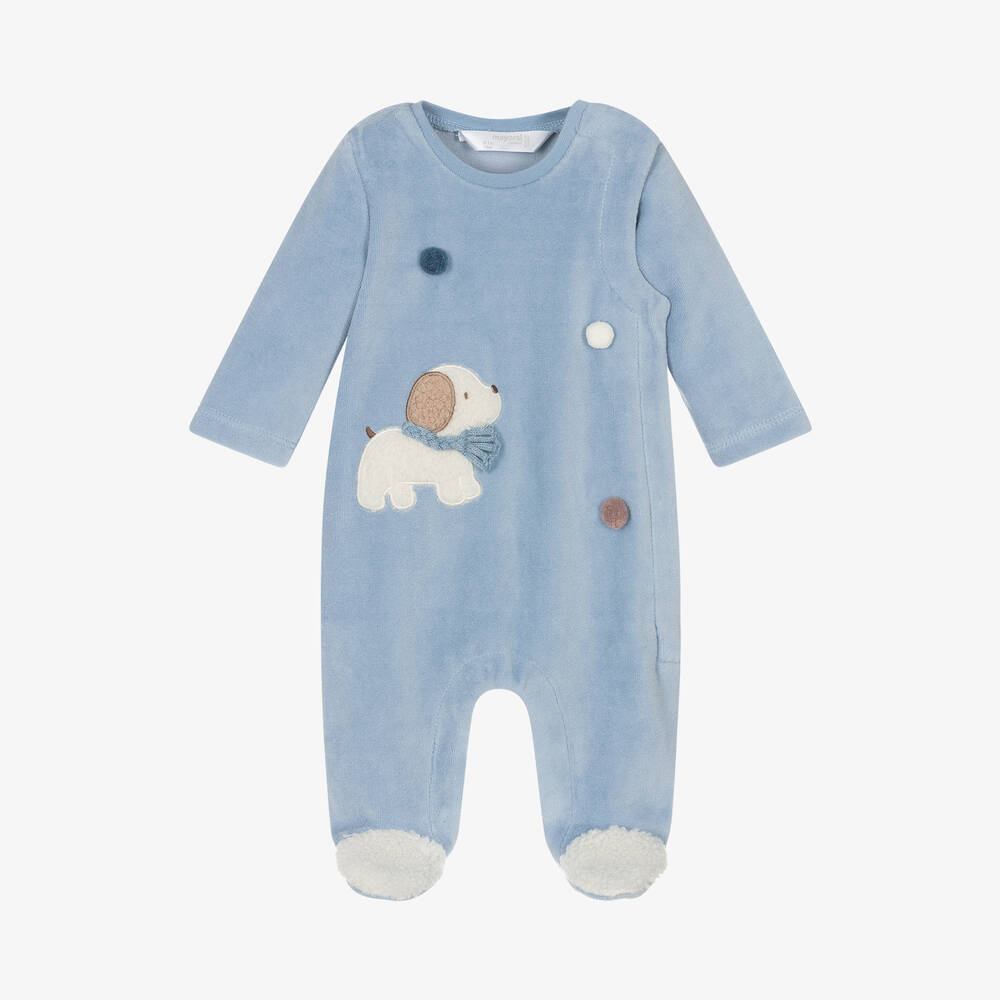 Mayoral Newborn - Boys Blue Velour Dog Babygrow | Childrensalon