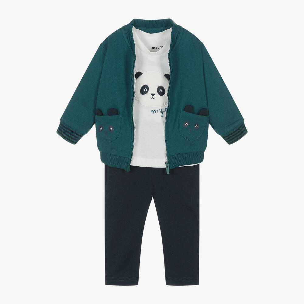 Mayoral - Boys Green & Blue Cotton Panda Tracksuit Set | Childrensalon