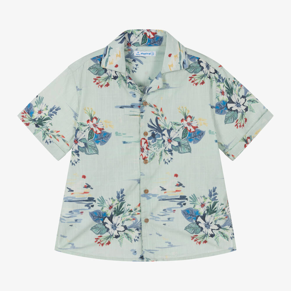 Mayoral - Boys Green Cotton Floral Print Shirt | Childrensalon