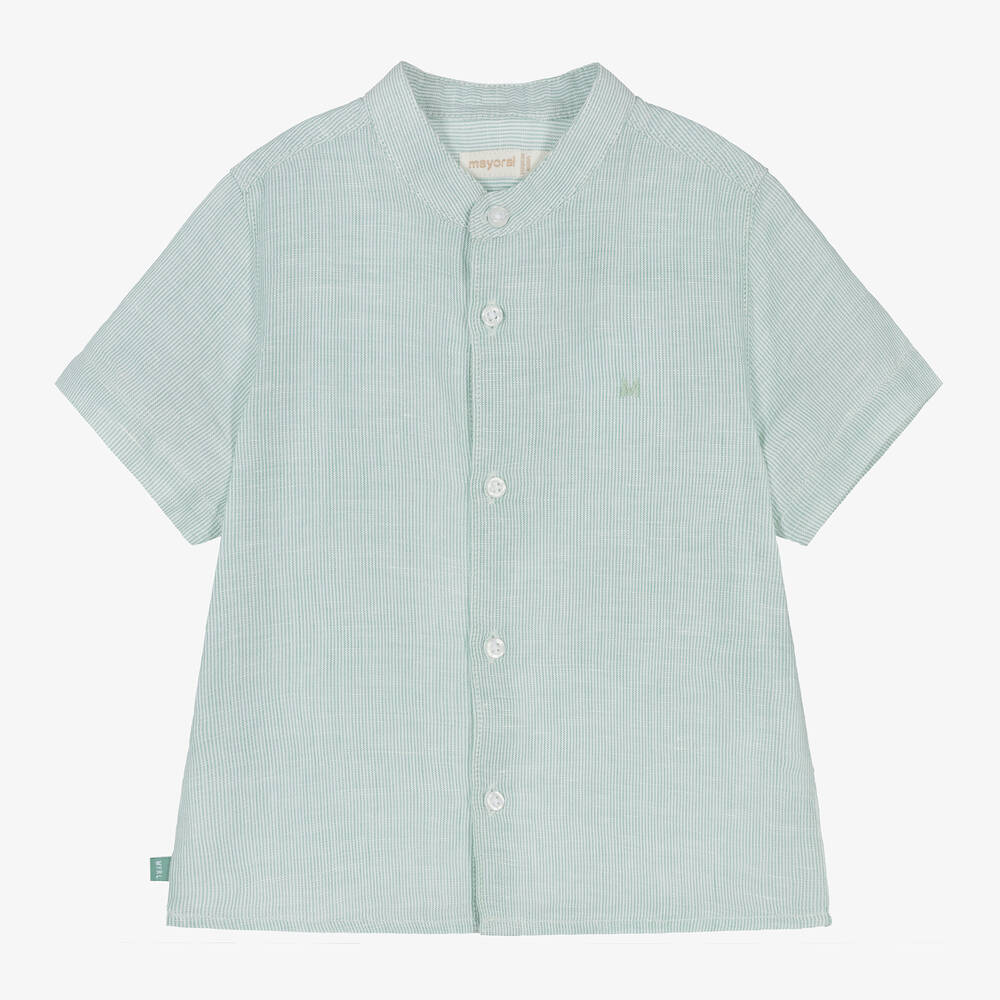 Mayoral - Boys Green Striped Cotton & Linen Shirt | Childrensalon