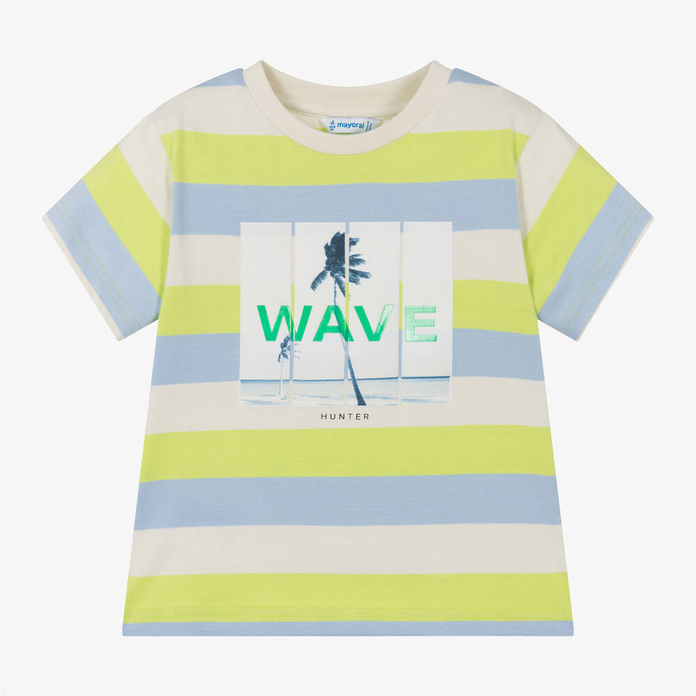 Mayoral - Boys Green Striped Cotton Wave T-Shirt | Childrensalon