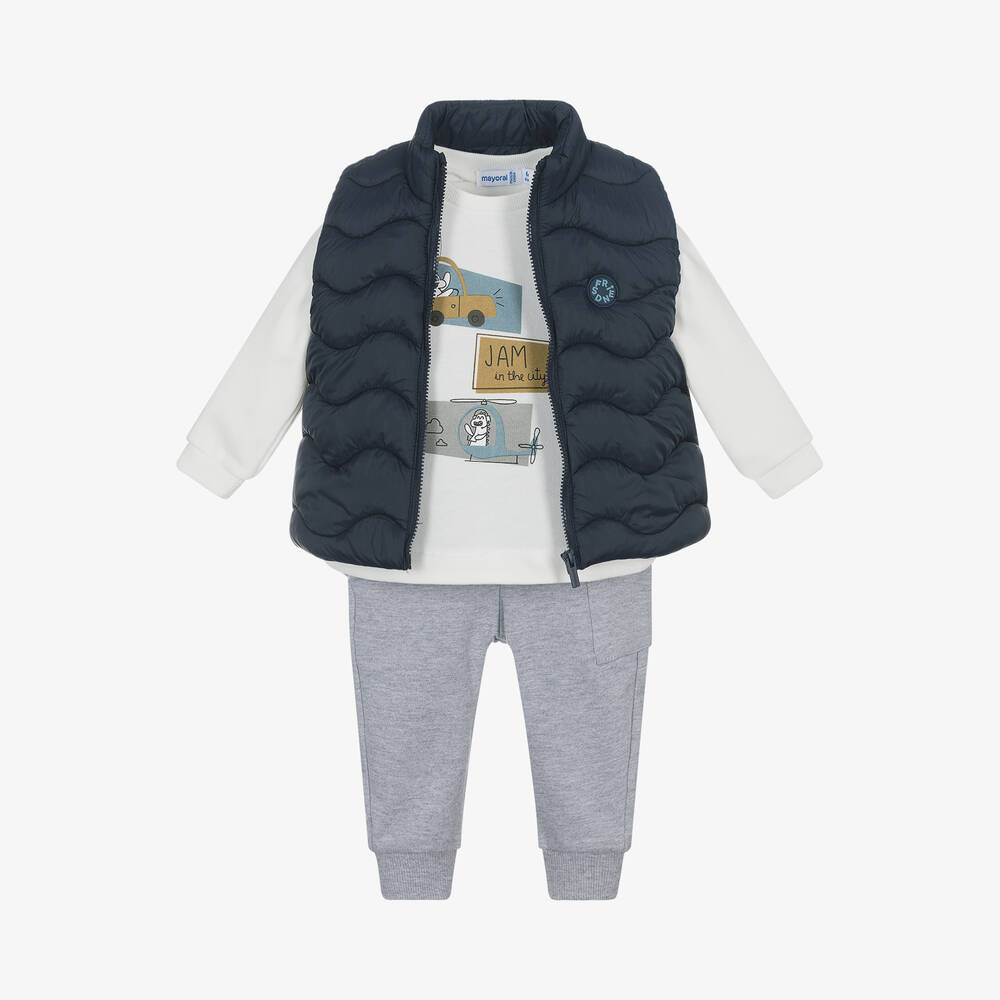 Mayoral - Boys Grey & Blue Cotton Trouser Set | Childrensalon