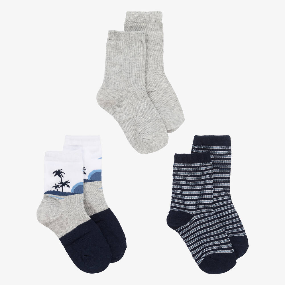 Mayoral - Boys Grey & Blue Socks (3 Pack) | Childrensalon