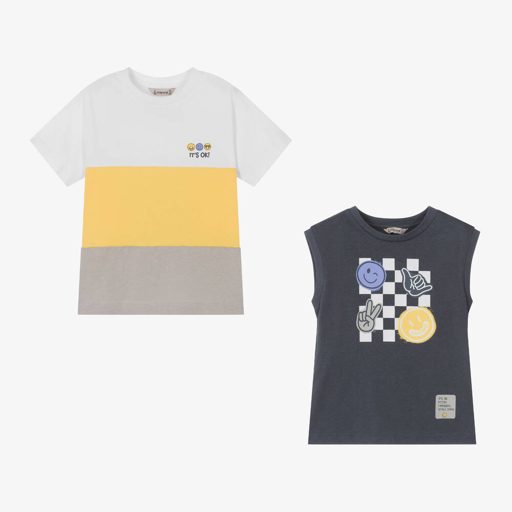 Mayoral - Boys Grey & Yellow Cotton T-Shirts (2 Pack) | Childrensalon