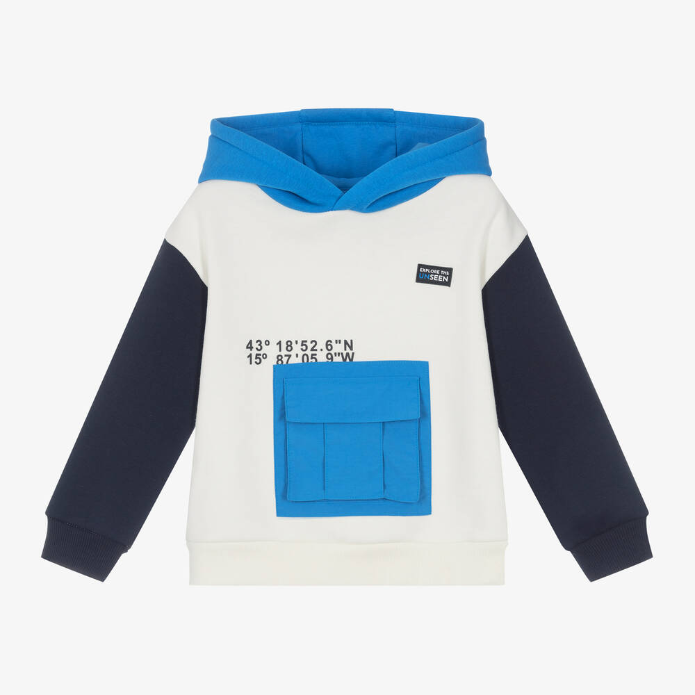 Mayoral - Boys Ivory & Blue Colourblock Hoodie | Childrensalon