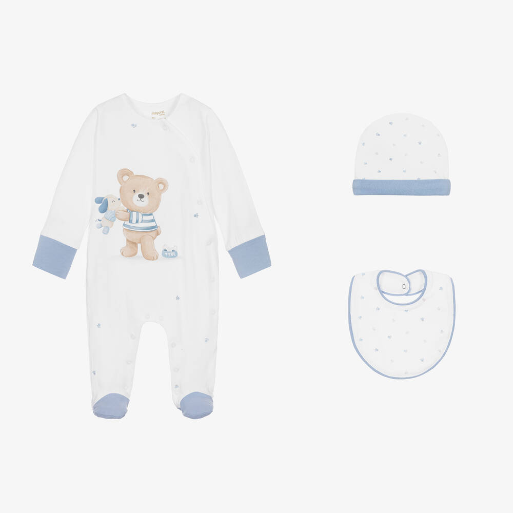 Mayoral Newborn - Boys Ivory & Blue Cotton Babysuit Set | Childrensalon