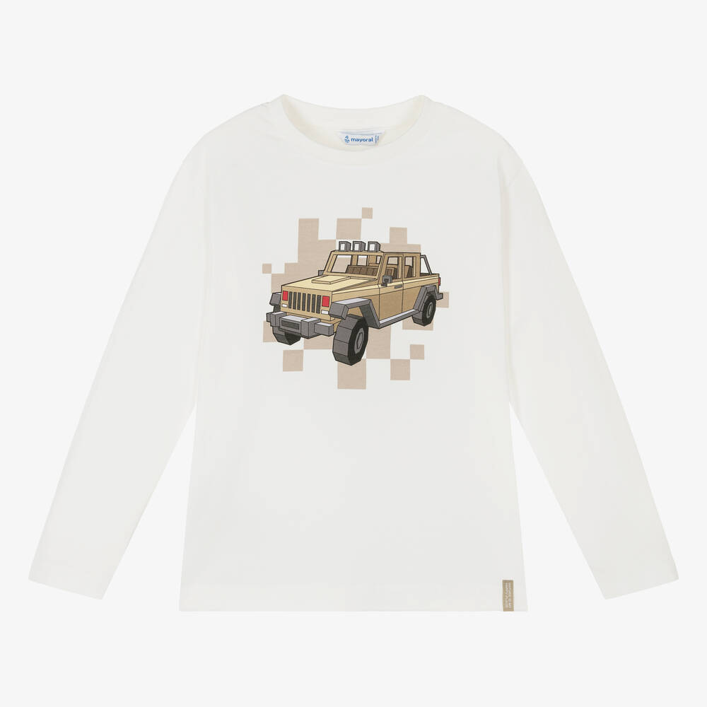 Mayoral - Boys Ivory Cotton Beige Car Print Top | Childrensalon