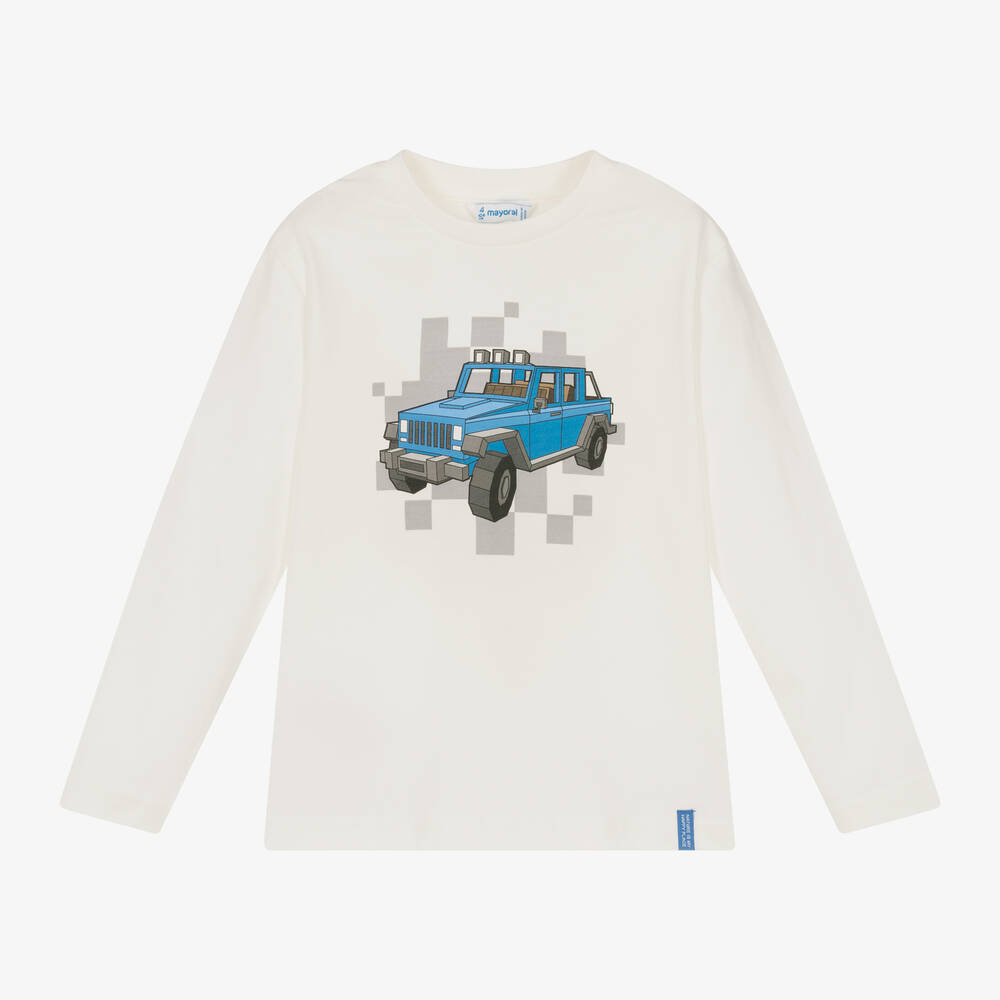 Mayoral - Boys Ivory Cotton Blue Car Print Top | Childrensalon