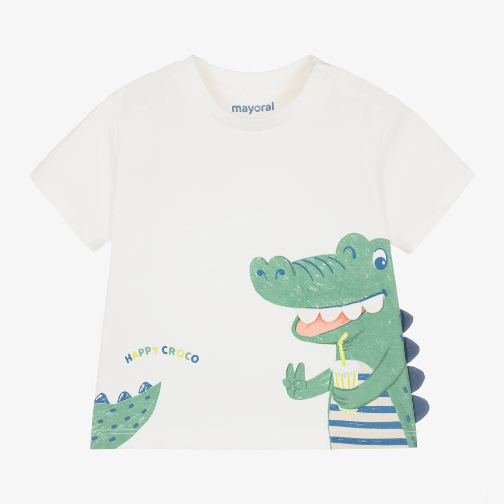 Shop Mayoral Boys Ivory Cotton Crocodile T-shirt