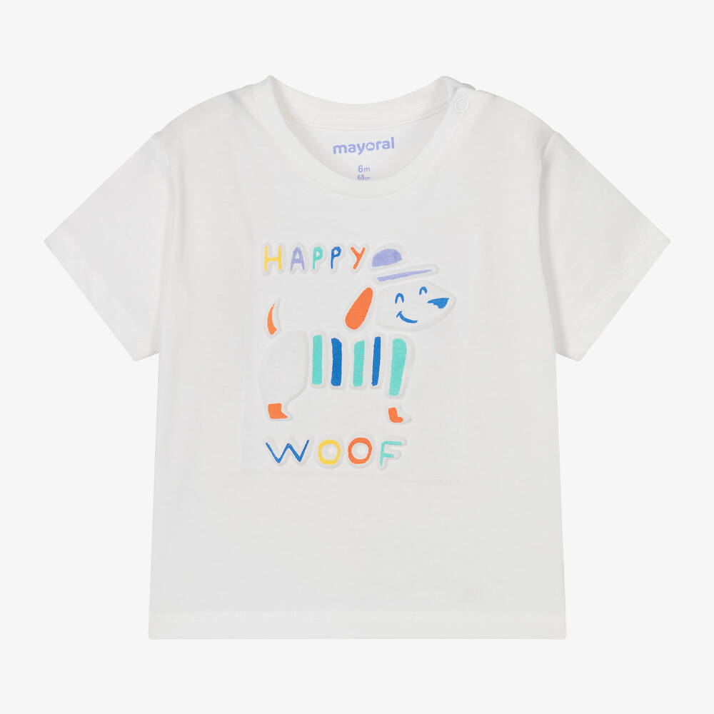 Mayoral - Boys Ivory Cotton Happy Dog T-Shirt | Childrensalon