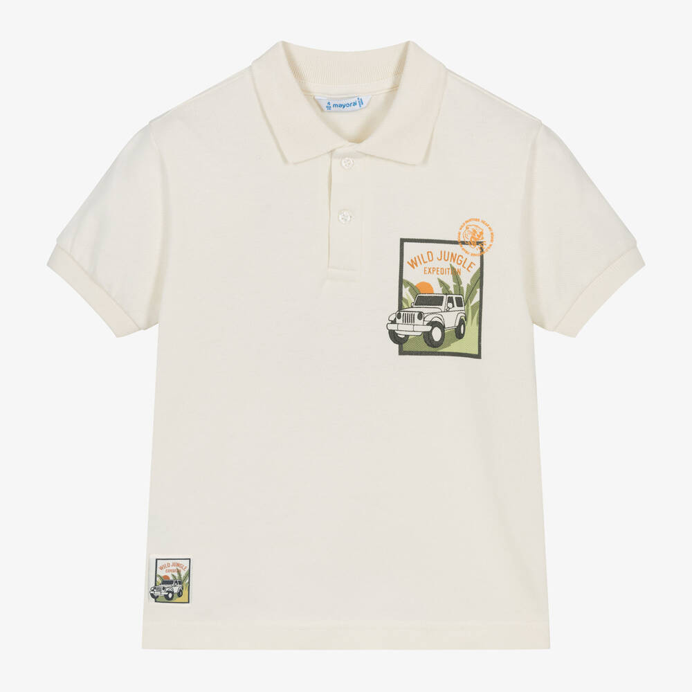 Mayoral Kids' Boys Ivory Cotton Jungle Print Polo Shirt