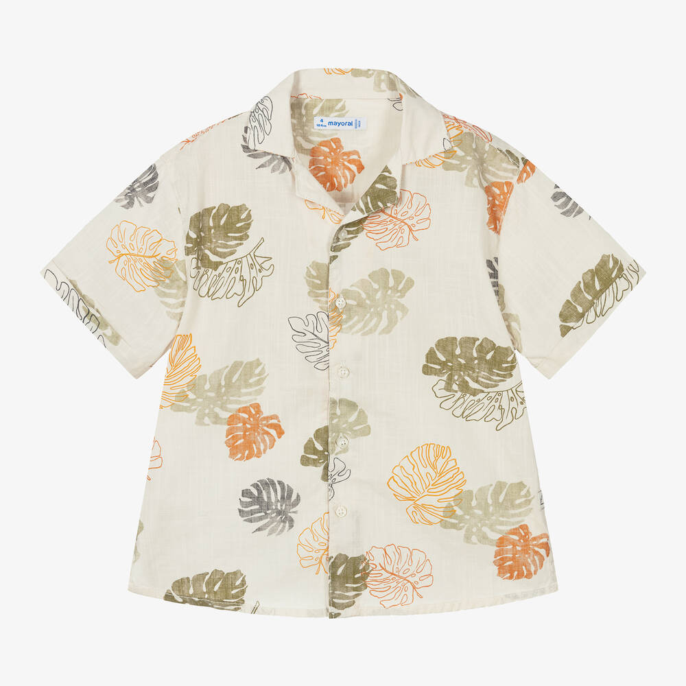 Mayoral - Boys Ivory Cotton Leaf Print Shirt | Childrensalon