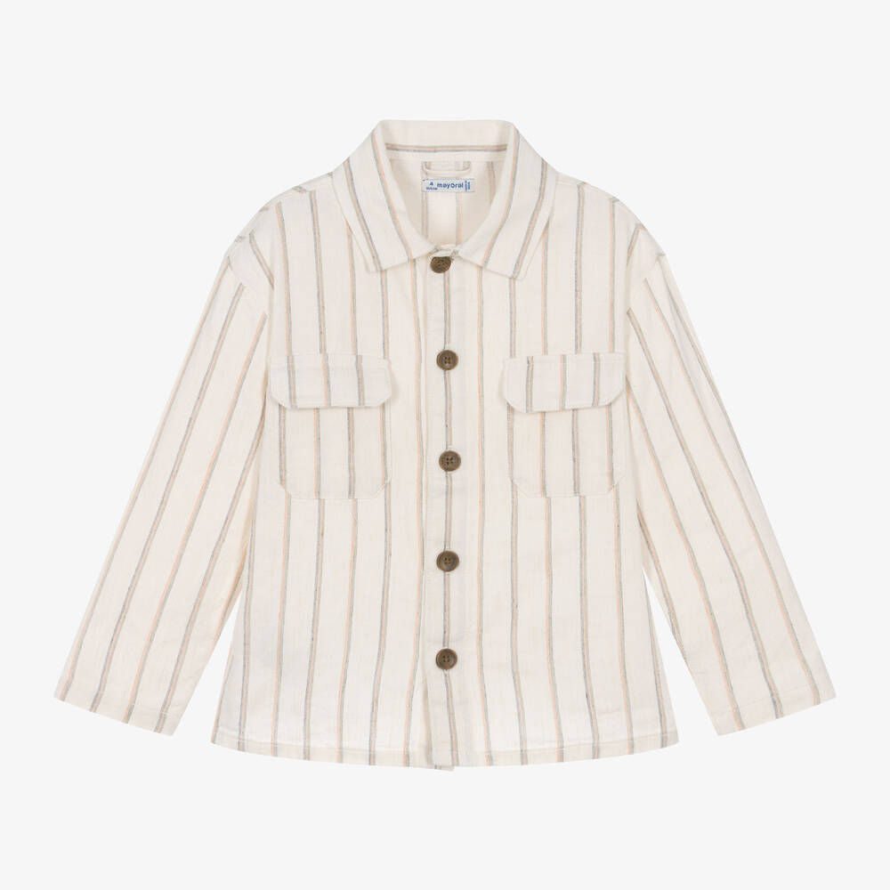 Shop Mayoral Boys Ivory Cotton & Linen Striped Overshirt